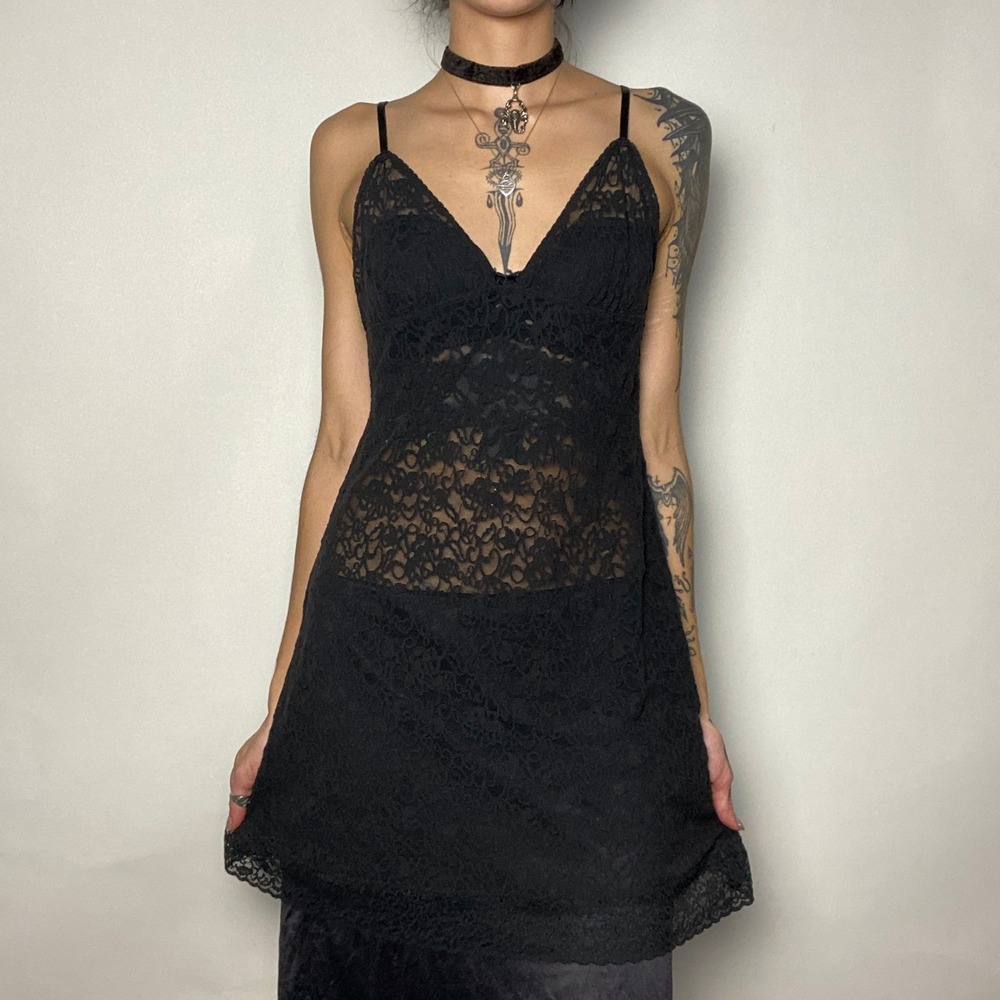 Victoria's Secret Black Lace Sheer Slip Dress Chemise Lingerie Size XL Gothic